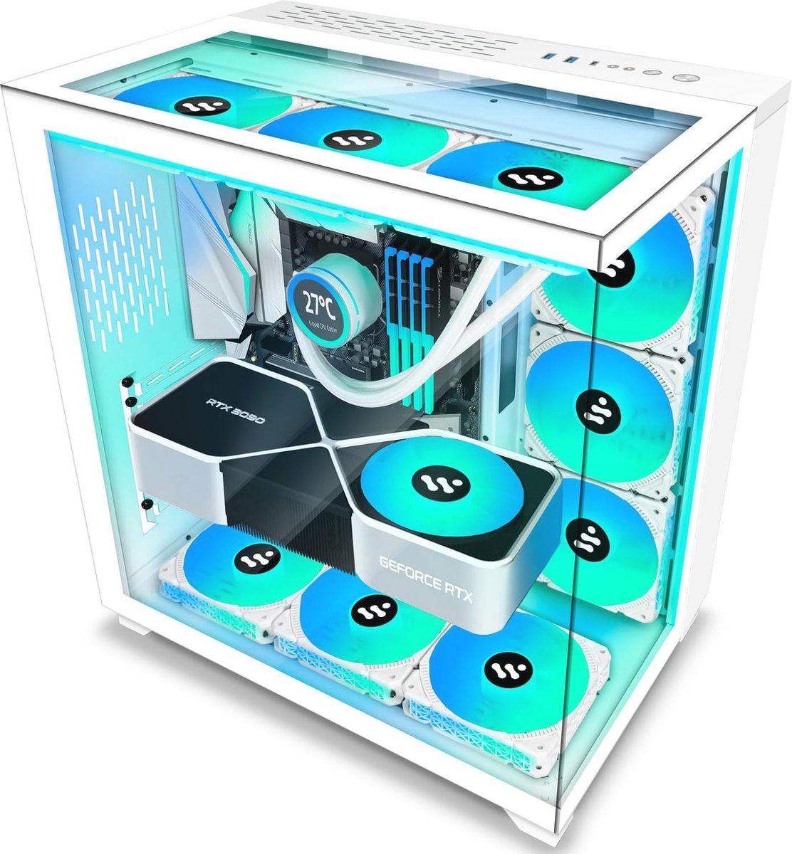 ATX-Tower Gaming PC Behuizing met Gehard Glas en 9 ARGB Ventilatoren - White