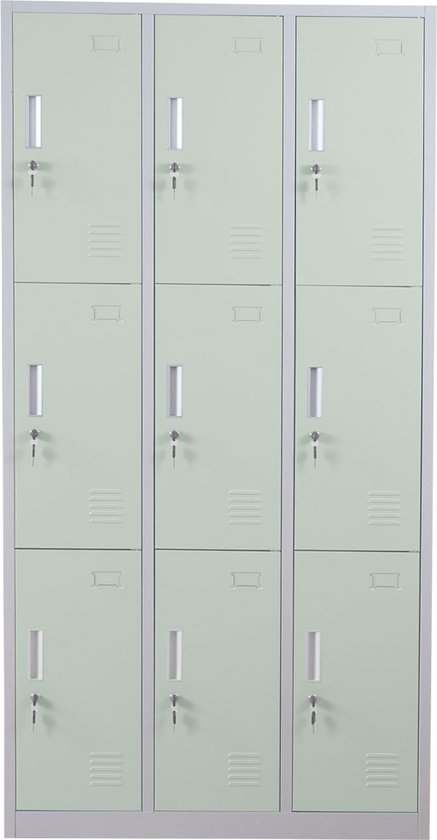 Groene metalen locker met 9 vakken, elk met sleutelgat en ventilatie.