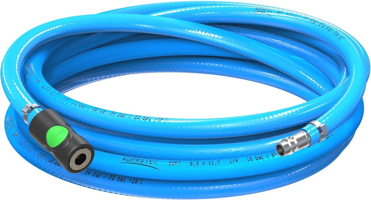 Persluchtslangset 6 mm, 5 m PVC-slang met veiligheidskoppeling voor compressor, zeer flexibel en bestand tegen chemicaliën