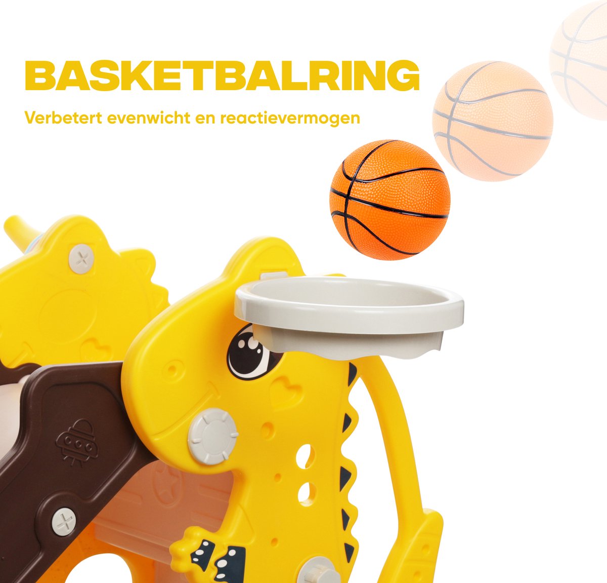 Rockerz Premium Glijbaan - Voor binnen en buiten - Speelplezier gegarandeerd - Opvouwbaar - Veilige dichte trap - Ringen spel - Basketbal ring (inclusief bal) - Muziek beertje - Kleur: Geel — afbeelding 17