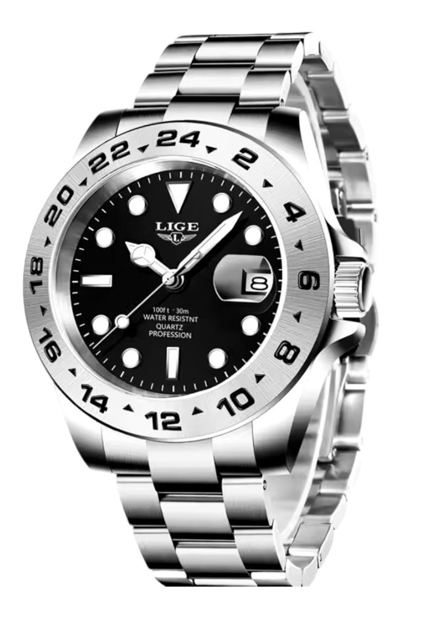 Lige - Luxe Herenhorloge - Mannen - Roestvrijstaal - Zilveren Polsband - Zilver en Zwart - Luxe Doos -