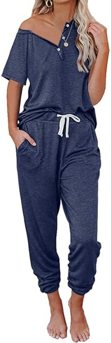 Boncy® Pyjama Set Dames Loungewear Vtop Blauw - Pyama Nachtkleding Volwassenen - Pyjamabroek Meisje - Maat S