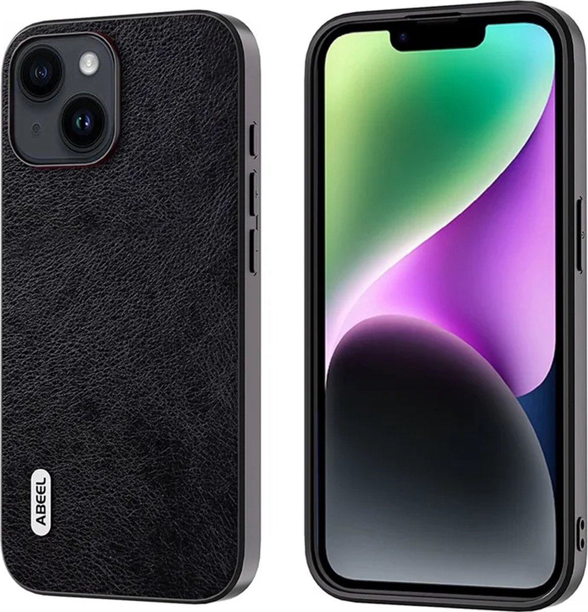 ABEEL – iPhone 15 Plus – Backcover hoesjes – Cowhide Leather – TPU – Litchi – Anti-Scratch – Zwart