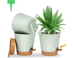 Zelfbewaterende Bloempot Met Schotel – 3 Stuks In Groen Voor Kamer- En Balkonplanten – 16,5 x 17 cm