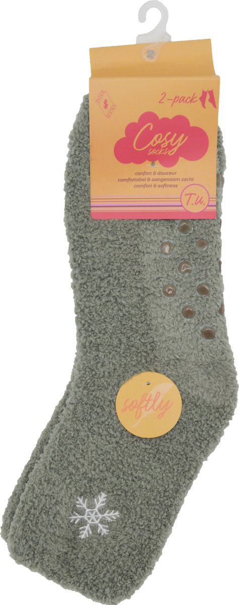 Huissokken anti slip- cosy socks- 2 paar grijs-wit