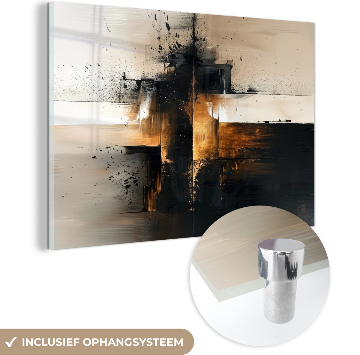 MuchoWow® Glasschilderij 90x60 cm - Schilderij acrylglas - Modern - Zwart - Verf - Goud - Foto op glas - Muurdecoratie woonkamer - Wanddecoratie slaapkamer - Schilderijen