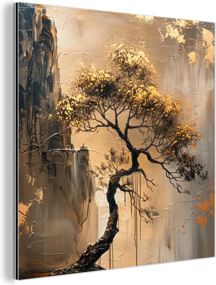 Aluminium schilderij 50x50 cm - Wanddecoratie metaal - Boom - Goud - Landschap - Verf - Me
