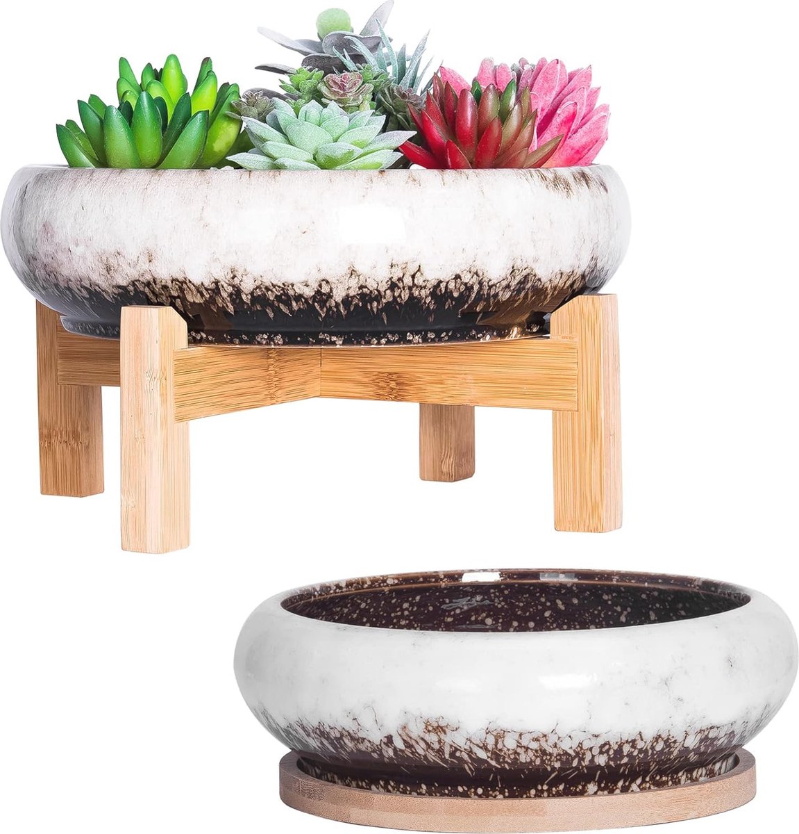Kleurige keramische plantenpotten set van 2 - 18,5/25 cm grote bonsaipotten met dienbladen voor binnen en buiten