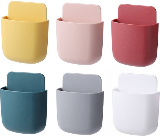 Zes wandhouders in pastelkleuren: geel, roze, rood, blauw, grijs en wit.