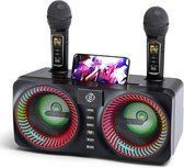 Machine à Karaoké Portable Avec 2 Micros Sans Fil UHF, Haut-Parleur Bluetooth Et Lumières LED - Idéale Adultes Et Enfants, Noir