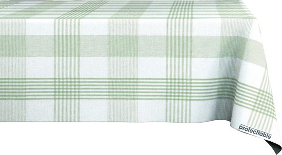 Groenwit geruite tafelbedekking op een tafel, met een label 'protecttable'.
