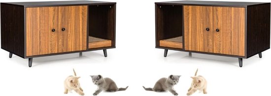 Feandrea kattenhuis, moderne kattenbakkast, hoofdingang, met dubbele deur en handgrepen, als dressoir, 85 x 48,5 x 50 cm, honingbruin-vintage wit PCL012K01