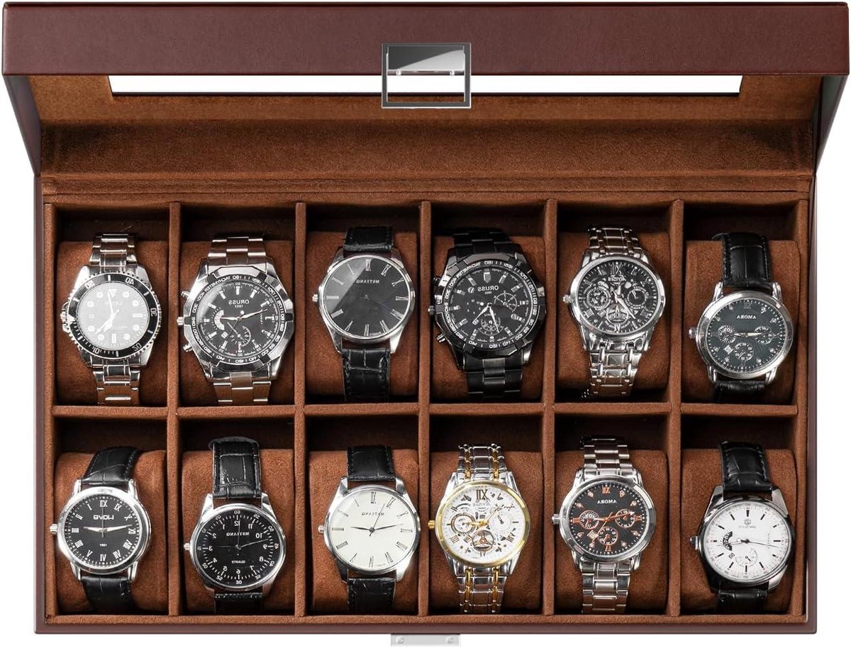 Horlogodoos met glazen deksel en horlogekussens - PU-leder - 12 vakken - bruin