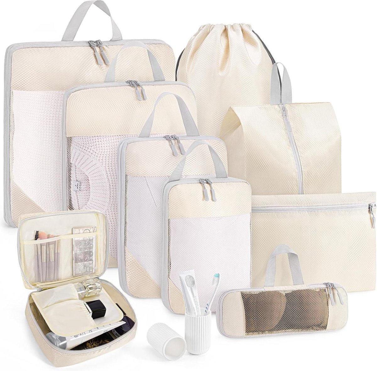 Kofferorganizer 10-delige set compressiekubussen inpakzakken reis-gadgets beige koffer organizer