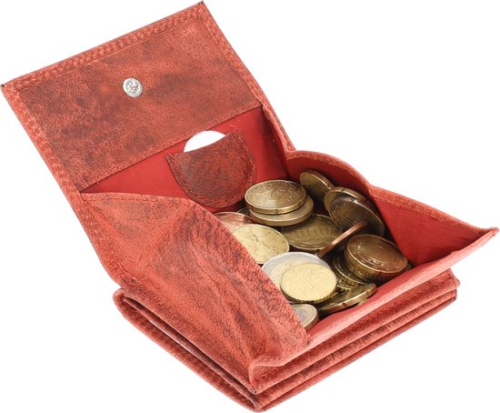 Rode portemonnee met een muntvak vol met euro munten.