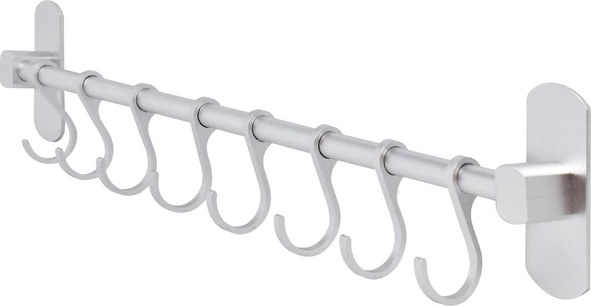 Zelfklevende Keukengerei Houder Zilverkleurig 40 cm Keukenstang met 8 Haken Organizer voor Keuken Badkamer of Garage ophangrek keukengerei