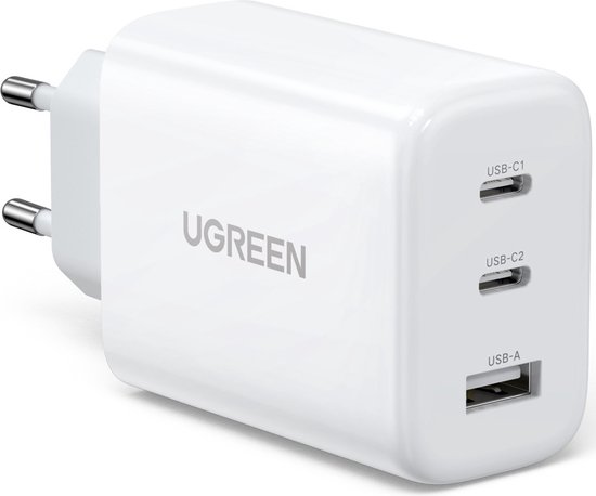 65W USB-C snellader 2x USB-C + 1x USB-A, Power Delivery QC, opladen 3 apparaten tegelijk, compact wit