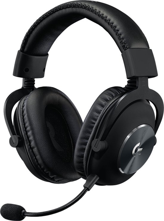 Zwarte Logitech G gaming headset met zachte oorkussens, hoofdband en afneembare microfoon met plopkap.