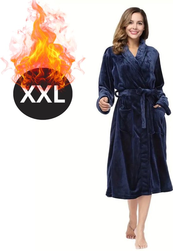 Livano Badjas Dames - Fleece - Katoen - Badstof - Sauna - Hamam - Wafel - Bathrobe - Duster - Ochtendjas - Spa - Kimono - Donkerblauw XXL