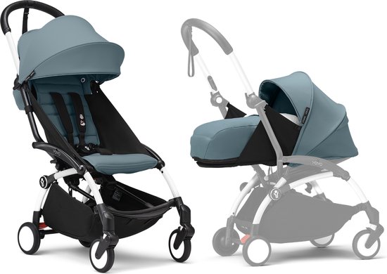 Stokke YOYO3-kinderwagen met newbornpakket - Inclusief wit frame, YOYO 6+ kleurenpakket (Aqua) en 0+ newbornpakket (Aqua)