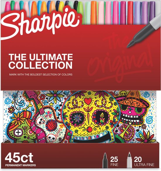 Sharpie "The Ultimate Collection" permanent markers, 45 stuks, met een mexicaanse schedel en gitaren op de verpakking.