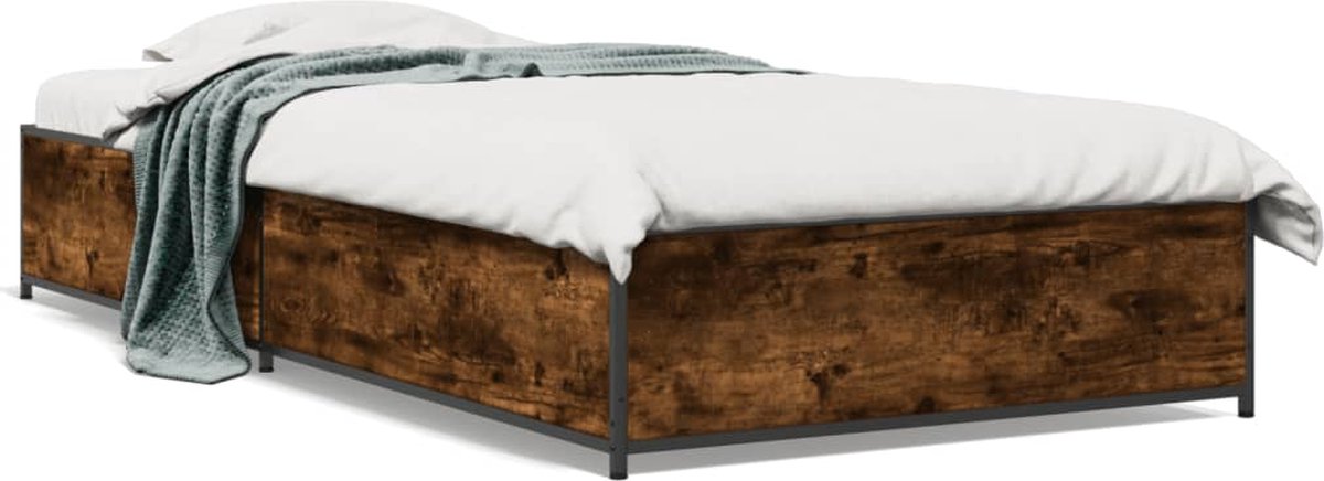 vidaXL - Bedframe - bewerkt - hout - en - metaal - gerookt - eikenkleurig - 100x200 - cm