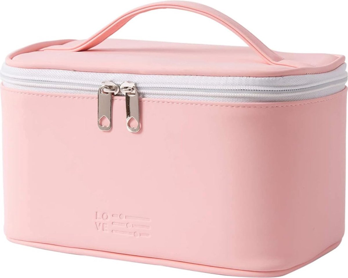 Toilettas, Make Up Tasje, Make Up Koffer, Beautycase, Make Up Organizer, Make Up Tas, Toilettas, Reistas, Toilettas Dames, Make Up Organizer, Make Up Etui, Cosmetica Tas, Verjaardag, Moederdag, Valentijnsdag, Cadeautje, PU-Leer, 22x14x12 CM, ROZE