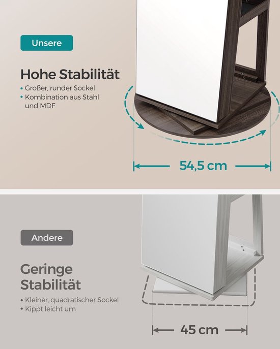 Armoire à bijoux Oshawa avec miroir sans cadre - Armoire à bijoux Avec LED et rotative à 360° - verrouillable - Marron foncé
