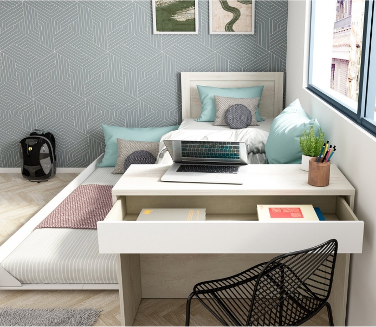 Bed Shipley 90x200 Met Bureau En Lade - Wit Grenen - Trasman - Eenpersoons Bedkader - Wit - Melamine; Spaanplaat Eenpersoons Normaal Bed