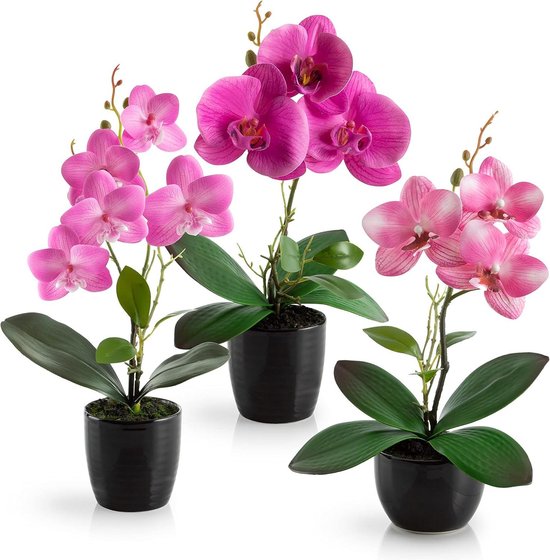 Kunstbloemen in pot - set van 3 kunstorchideeën - decoratieve hoogglans keramische potten - roze arrangement - 35 cm kunstboeket