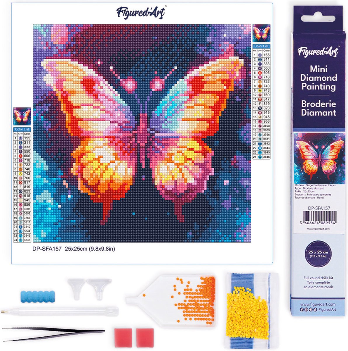 Figured'Art Mini Diamond Painting set Volwassenen 25x25 cm Sprankelende Vlinder - 5D DIY Art full drill ronde diamant - Opgerold canvas