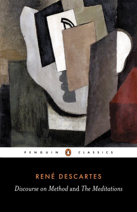 Boek "Discourse on Method and The Meditations" van René Descartes met abstracte illustratie en Penguin Classics logo.