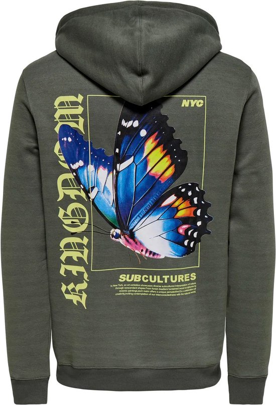 Sweat à capuche vert avec un grand imprimé papillon coloré dans le dos et du texte.