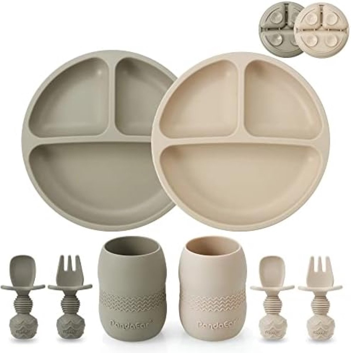 Goedkoopste Siliconen babyserviesset | Set van 2 verdeelde zuignapborden van siliconen en 2 kleine kopjes met 2 lepels en 2 vorken | Babybenodigdheden