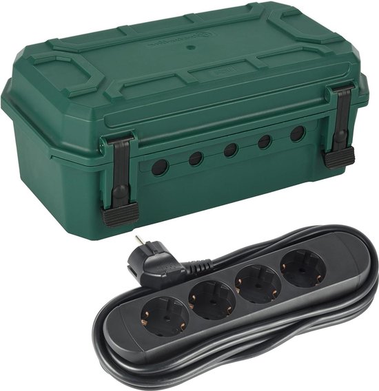 Veiligheidsbox, waterdicht IP44, outdoor - beschermbox voor verlengkabel en veiligheidsstekker - CEE, beschermhoes, trekontlasting, in zwart, blauw, groen, rood (zwart, voor Schuko-stekker