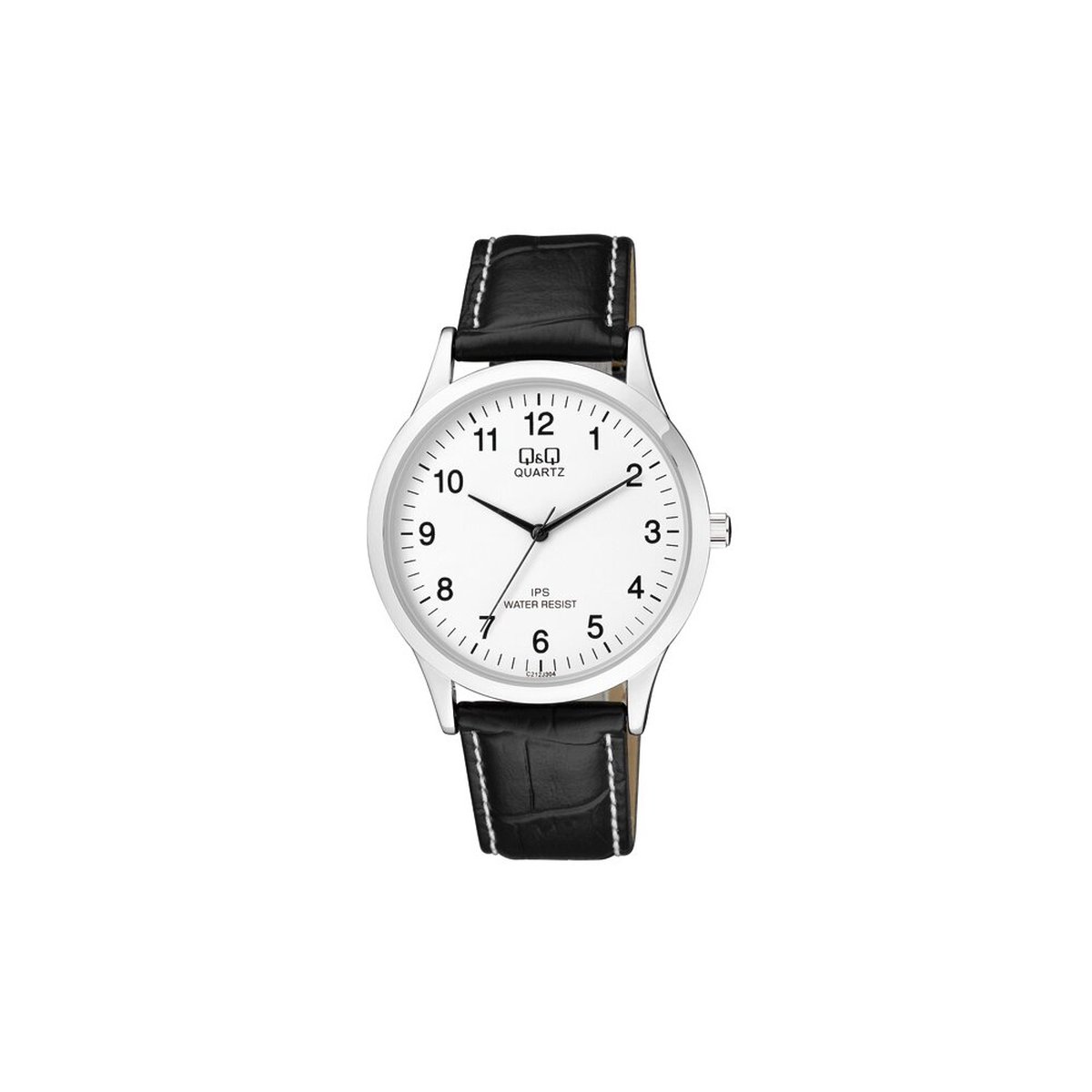 QQ C212J304Y - Horloge - Analoog - Heren - Mannen - Leren band - Rond - Metaal - Cijfers - Zwart - Zilverkleurig - Wit - 3 ATM