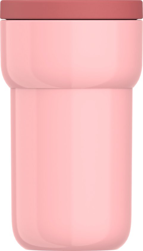 Tasse rose pâle avec couvercle rose pâle.