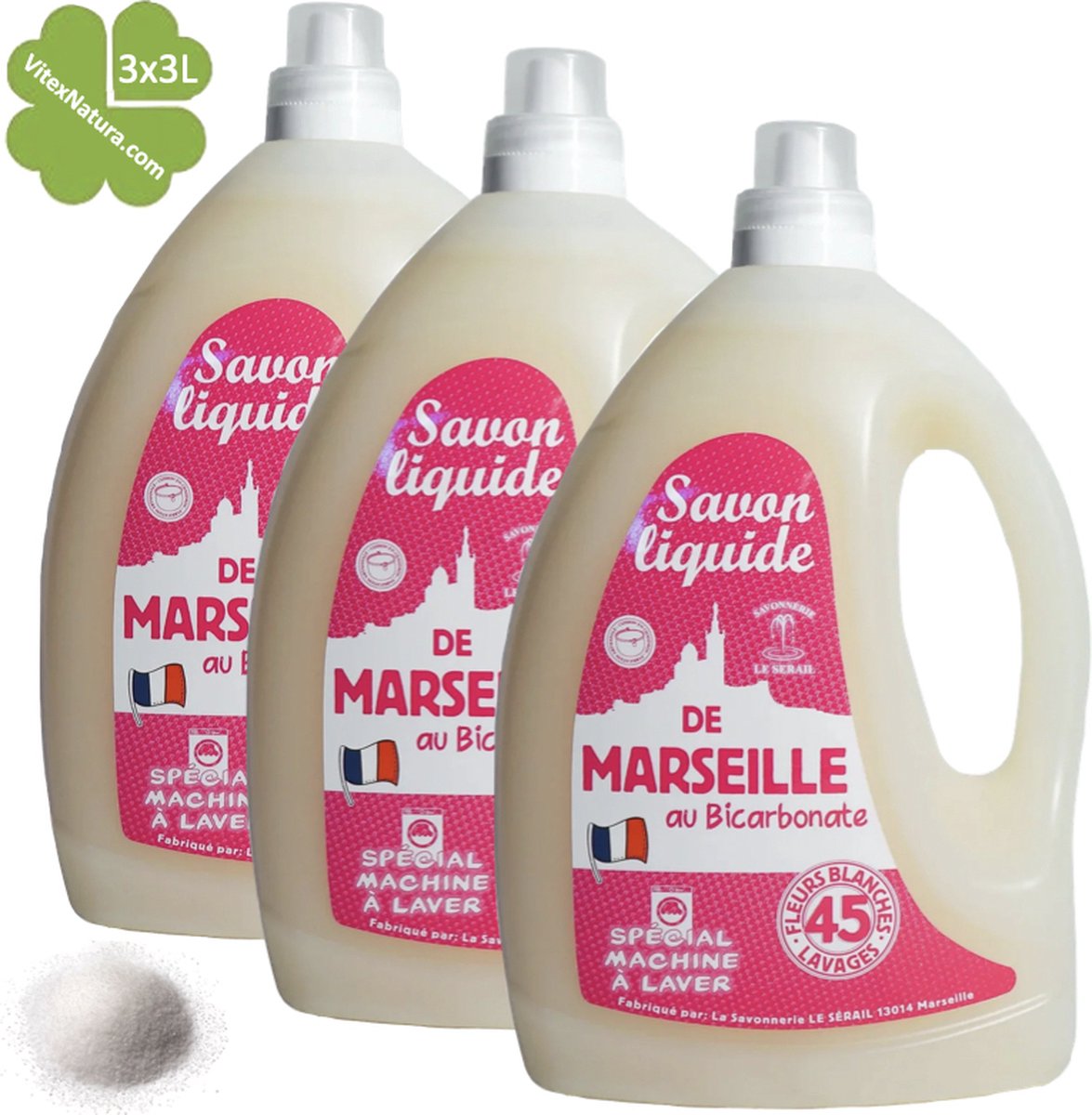 Goedkoopste Marseillezeep | vloeibaar wasmiddel met natriumbicarbonaat 3x3L | met een subtiele witte bloemen geur | Le Serail