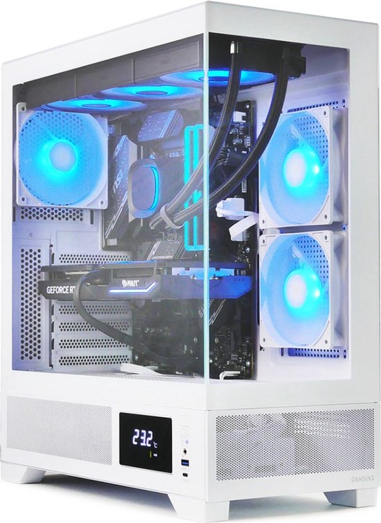 AMD Ryzen 9 7900X 12-Core / RTX 5080 – High-End 360 LIQUID COOLED Game PC met Temperatuur Display – 32GB DDR5 RGB – 2TB Gen4 SSD – B650 Gaming X AX – WiFi 6E|Bluetooth 5.3|LAN 2.5Gbps – Gamdias Atlas M1 White Aquarium Case