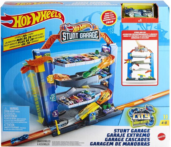 Hot Wheels Stunt Garage verpakking, met daarop de blauwe speelgoedgarage met oranje hellingen, vele auto's en het 'Robo Beast' thema.