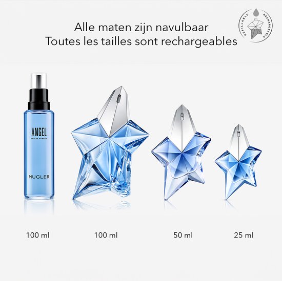 Een navulbare parfumfles van 100ml en drie navulbare sterparfumflessen van 100ml, 50ml, 25ml.