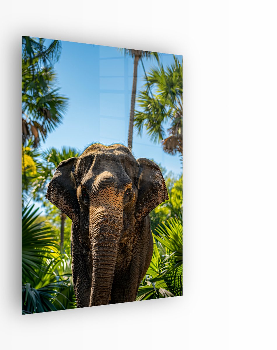 Indoorart Glasschilderij Tropical Elephant 60x90 CM - Afbeelding op plexiglas - Inclusief montagemateriaal blauw, groen, bruin