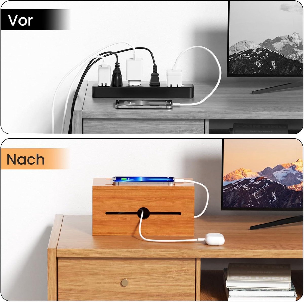 Houten kabelbox met stekkerdoos, laadstation, organizer met 8 stopcontacten, 4 USB & 1 type C snel opladen, overspanningsbeveiliging met 200 cm verlengkabel voor kantoor, thuis (tannkleur A
