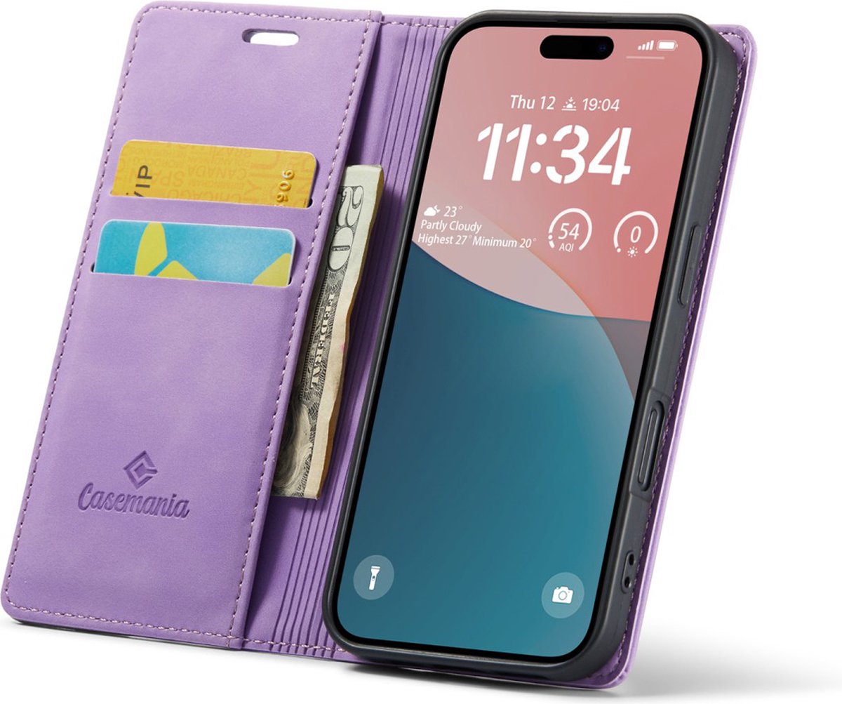 CaseMania Bookcase hoesje geschikt voor iPhone 16 - Effen Lila - Kunstleer