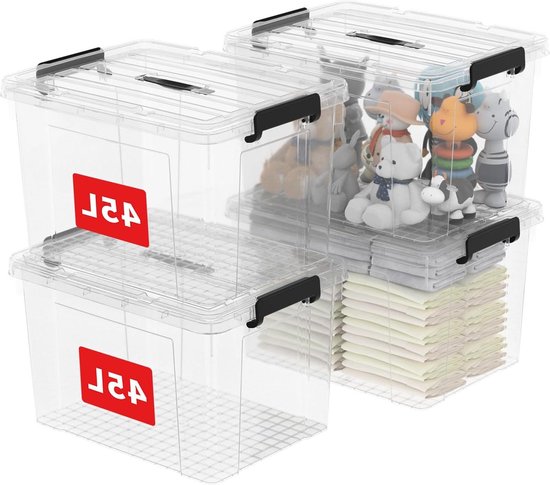 Cetomo 15L x 4 opbergdozen, plastic opbergdoos met deksels, organiserende container met handvat en veilige vergrendelende gespen, stapelbaar, nestbaar, draagtas voor thuiskantoor kleding, 15L-4Pack