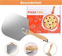 Pizzaschep van aluminium met eikenhouten handvat, afmetingen en gedetailleerde beelden.