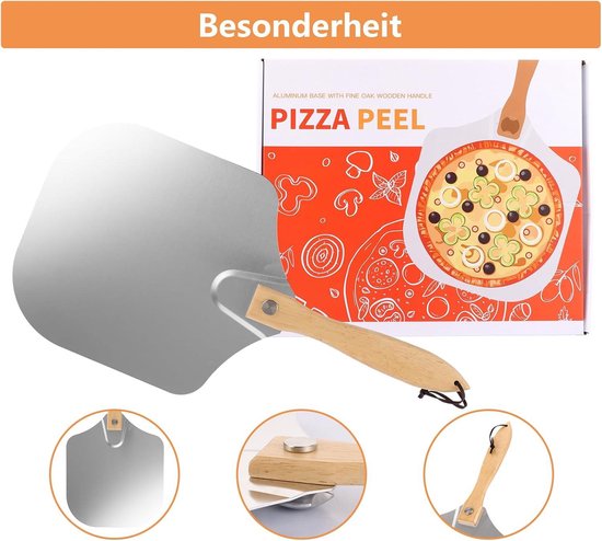 Pizzaschep van aluminium met eikenhouten handvat, afmetingen en gedetailleerde beelden.