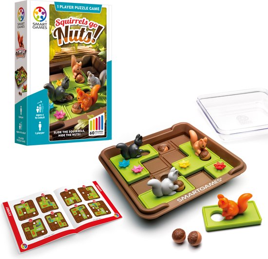 SmartGames Squirrels Go Nuts! - Compacte Schuifpuzzel Denkspel - 60 Educatieve Eekhoorn Uitdagingen - Reisspel & Solospel - Vanaf 6 Jaar