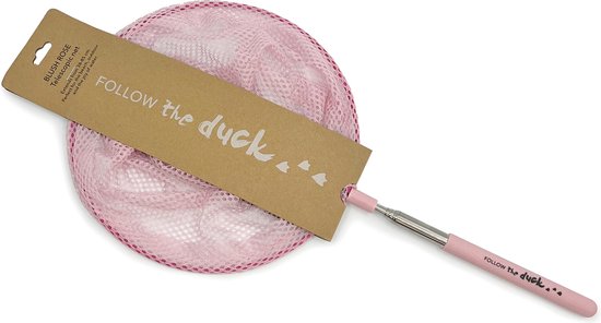 Roze inklapbaar schepnet met de tekst "FOLLOW THE DUCK".