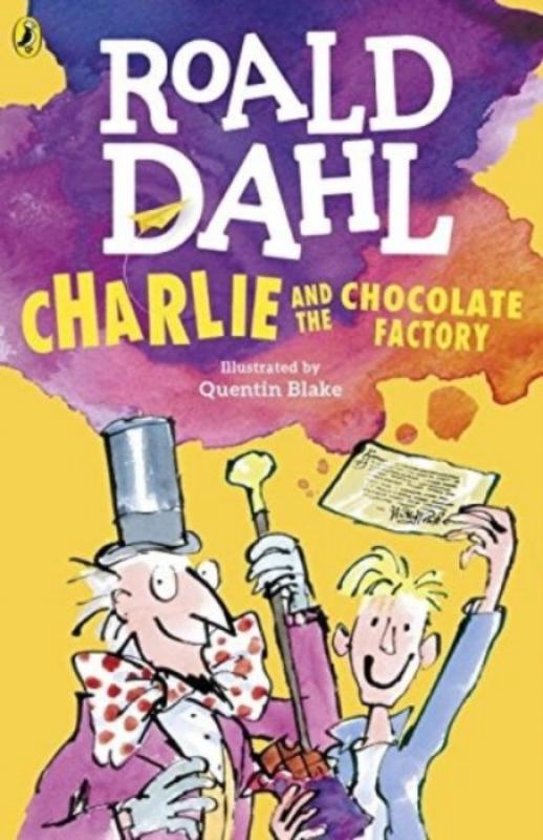 Voorzijde Roald Dahl 'Charlie en de Chocoladefabriek' boek met Willy Wonka en Charlie.